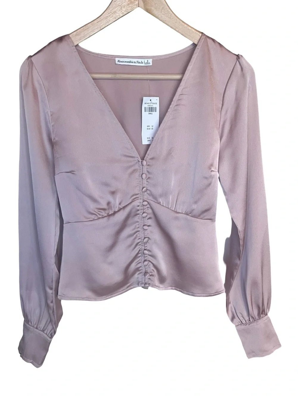 Abercrombie & Fitch Satin Puff Sleeve Button Front Top Mauve Small NWT